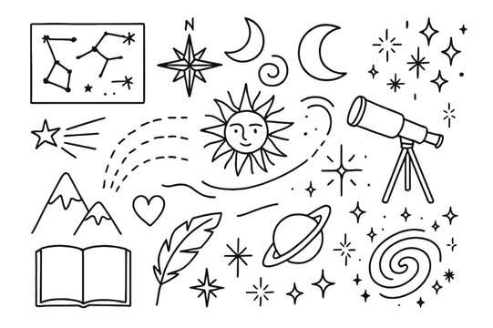 Cosmic Doodle Art. Star maps and cosmic art. Hand-drawn doodle illustration Star maps and cosmic art constellation grid, compass rose, telescope, starburst,