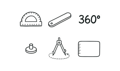 Fototapeta premium hand drawn cute doodle style line isolated on white background: full circle protractor rotating 360 marks pivot pin degree scale desk mat