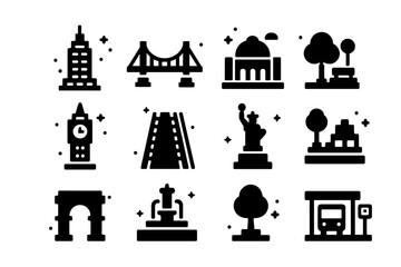 Naklejka premium LEGO Architecture Icons. Miniature LEGO Architecture. Solid icons set of Miniature LEGO Architecture: skyscraper, bridge, museum, park, clock tower, road,