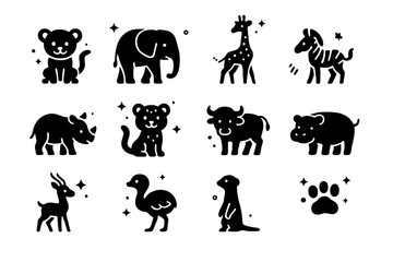 Obraz premium Savanna Baby Icons. Young Animals of the Savanna. Solid icons set of Young Animals of the Savanna: lion cub, baby elephant, giraffe calf, zebra foal, rhino
