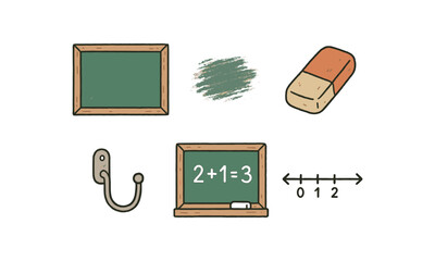 hand drawn cute doodle style line isolated on white background: green blackboard wooden frame chalk marks eraser swipe mount math line