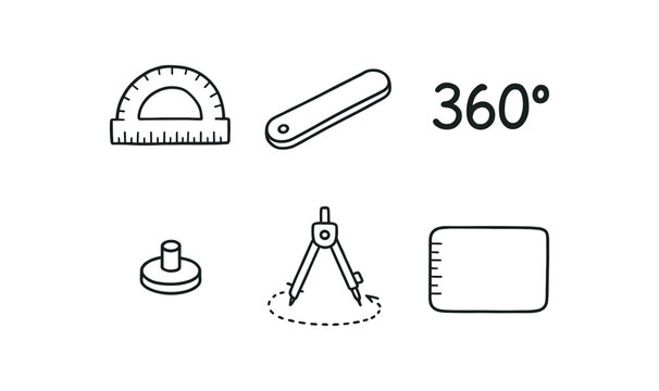 hand drawn cute doodle style line isolated on white background: full circle protractor rotating 360 marks pivot pin degree scale desk mat