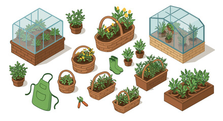 Fototapeta premium Isometric garden elements greenhouses, plants, and tools for urban gardening