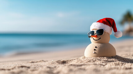 Playful sand snowman with sunglasses and Santa hat on sunny tropical beach with blue sky and sea, cheerful holiday spirit in a seaside Christmas setting