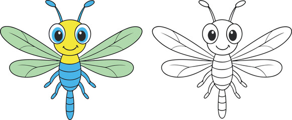 Happy colorful cartoon dragonfly insect character with outline template for coloring book page isolated PNG with Transparent Background