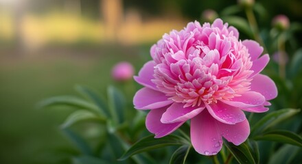 Vibrant pink peony flower in soft sunlight