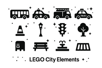 Naklejka premium LEGO City Icons. LEGO City Elements. Solid icons set of LEGO City Elements: bus, police car, fire truck, taxi, construction cone, lamppost, stoplight, tree,