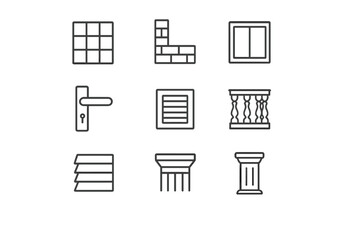 Architectural Icon Set. Architectural Details. Line icon set of Architectural Details: facade texture, corner trim, window frame, door handle, vent cover,