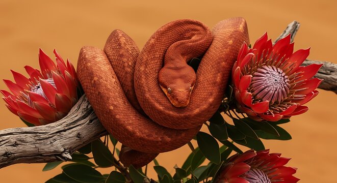 Red tree python coiled amongst vibrant protea flowers