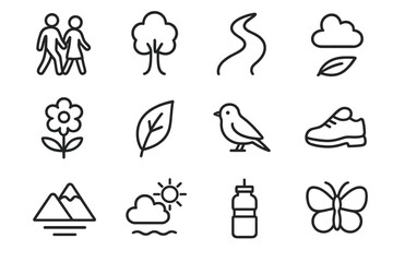 Obraz premium Nature Walk Icons. Nature walk. Line icon set of nature walk: couple, tree, path, flower, leaf, bird, mountain, cloud, butterfly, sun, water bottle, shoe. All