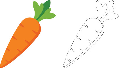 Cute cartoon carrot illustration with tracing outline for kids learning and coloring practice isolated PNG with Transparent Background