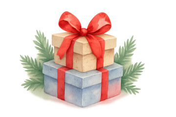 Obraz premium Stacked christmas gift boxes with red bows and green pine branches, watercolor style celebrating the holiday season