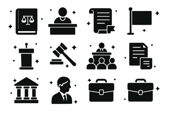 Civil Law Icon Set. Courtrooms in civil law systems. Solid icons set of courtrooms in civil law systems: civil code book, judge?s desk, legal statute scroll,