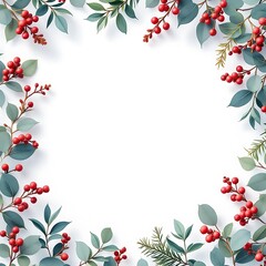 Fototapeta premium A festive Christmas botanical frame with red berries and eucalyptus leaves on a clean white background for holiday greetings. n (9)