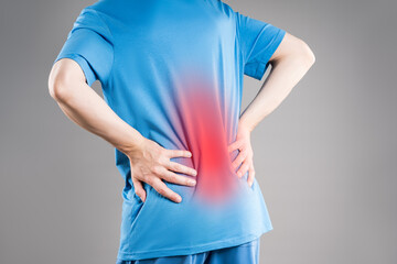 Back pain, kidney stones, inflammation and disease, man suffering from backache
