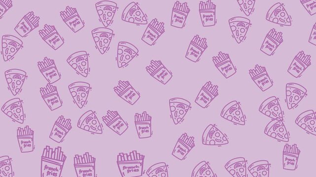pizza and french fries, line, seamless pattern, cartoon, doodle, purplr pastel background