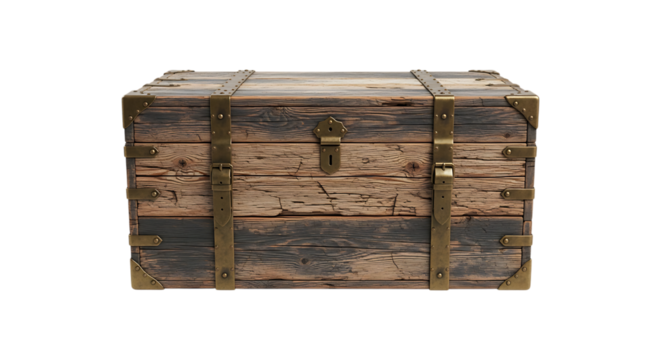 Old wooden chest isolated on transparent background, a vintage storage container
