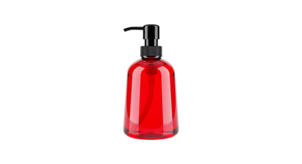 Red glass soap dispenser isolated on transparent background with black pump
