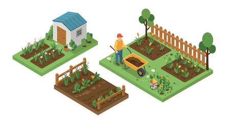 Isometric gardening scene featuring gardener, wheelbarrow, and vegetable beds