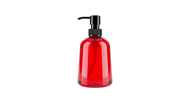 Red glass soap dispenser isolated on transparent background with black pump - Powered by Adobe