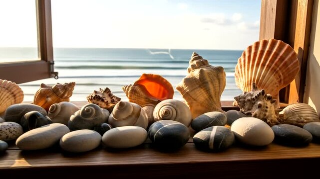 A serene beach scene featuring various seashells and smooth stones on a windowsill overlooking the ocean