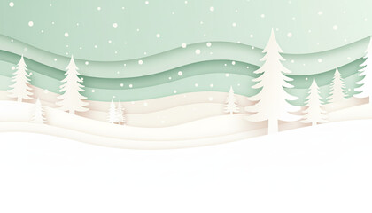 Minimalist Paper Cut Christmas Background, Soft Pastel Blue Winter Landscape with Copy Space