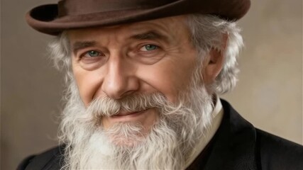 Anciano con una larga y frondosa barba blanca y un sombrero bombín marrón - Powered by Adobe