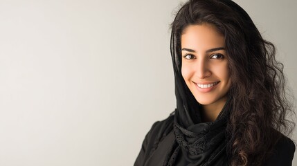 Confident young Arab businesswoman in professional attire, smiling against a soft white backdrop.