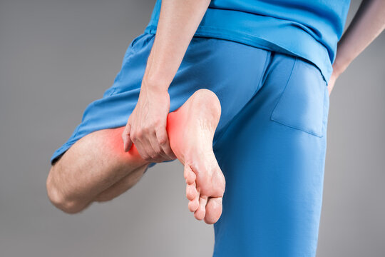 Achilles tendon injury, joint inflammation, foot pain, man suffering from feet ache, podiatry concept