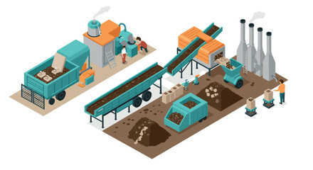 Isometric industrial factory process with machinery and workers
