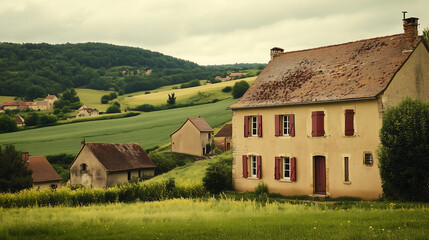 Obraz premium Sunny country house sits on green hills with barns and a camper, wide farmland and clear blue sky make a calm rural view