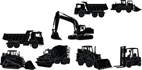 Construction vehicle silhouettes—dump trucks, excavator, bulldozer, cement mixer, forklift, and loaders, black vector icons of heavy machinery  © Vex flow