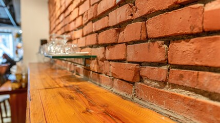 counter. Empty cafe interior with a wooden counter and red brick wall, bathed in soft natural daylight. lifestyle magazines, social media lookbooks, designed for influencer and brand collaborations.