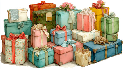 Obraz premium Watercolor Gift Boxes with Ribbons and Bows