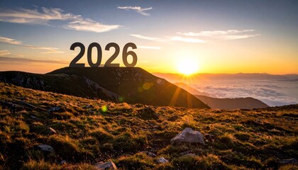 2026 New Year concept with sunrise over mountains