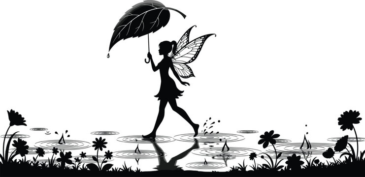 Fairy silhouette vector—winged figure walking on water with leaf umbrella, raindrops, ripples, and flowers for fantasy themes