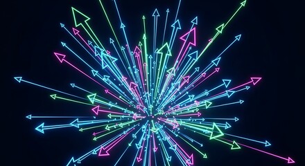 A vibrant array of neon arrows radiating outwards from a central point on a dark background creating depth