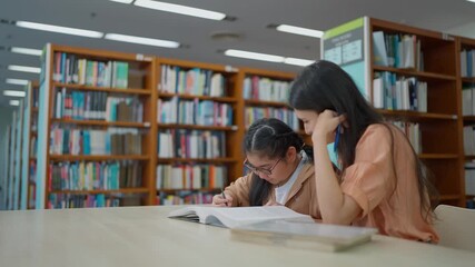 Young female tutor assisting an elementary school student with homework in the library. Private lessons, Education and learning concept - Powered by Adobe