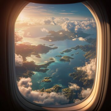 Fototapeta Scenic aerial view of tropical islands and ocean seen through airplane window at sunrise.