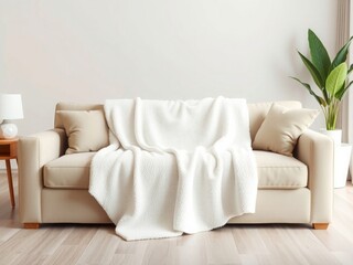 Elegant beige sofa with cozy white blanket for relaxing