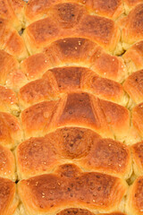 A vertical full-frame macro shot captures a dense arrangement of freshly baked, golden-brown crescent-shaped yeast rolls sprinkled with sesame seeds, forming vertical rows