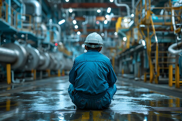 Obraz premium 工場の床に座る日本人作業員（安全ヘルメット・青い作業服）