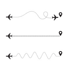 Airplane route vector illustration different flight path options with destination pin isolated on wh
