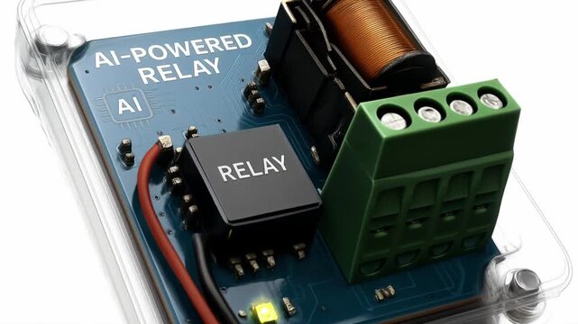 smart grid distribution management concept. AI-powered relay circuit board with transparent casing.