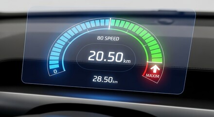 Digital speedometer displaying speed and distance in kilometers on a modern vehicle dashboard screen