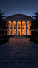Fototapeta premium Grand mansion lit up at night with a long brick driveway and dramatic cloudy sky