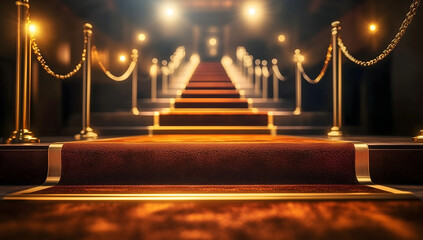 VIP red carpet path shines with gold posts and ropes, a premiere entrance scene with spotlights paparazzi and cinematic glamour