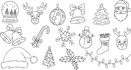 Collection of festive christmas doodles isolated on white background, including santa, reindeer, christmas tree, ornaments, and other holiday elements