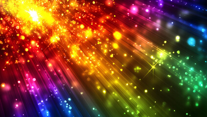 Naklejka premium Bright rainbow light rays burst from center with sparkling particles, colorful spectrum beams radiate outward creating dynamic energy explosion background