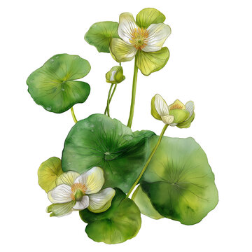 Watercolor frogbit flower, isolated on a white background, clear edges, botanical clipart style.